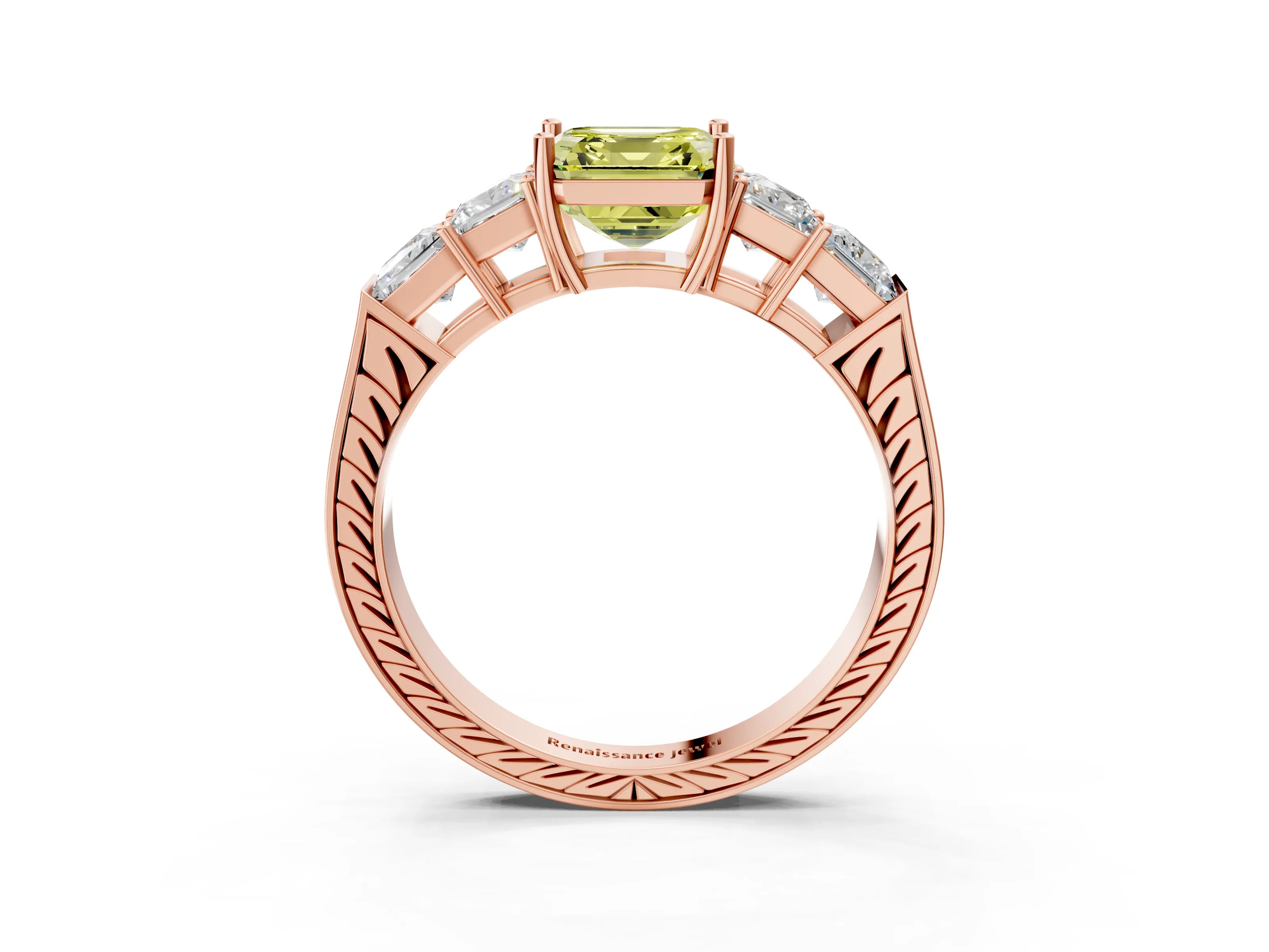 Rose gold Fancy Yellow Asscher Cut Solitaire Princess Side Stone Engraved Band Prong Setting Ring_3