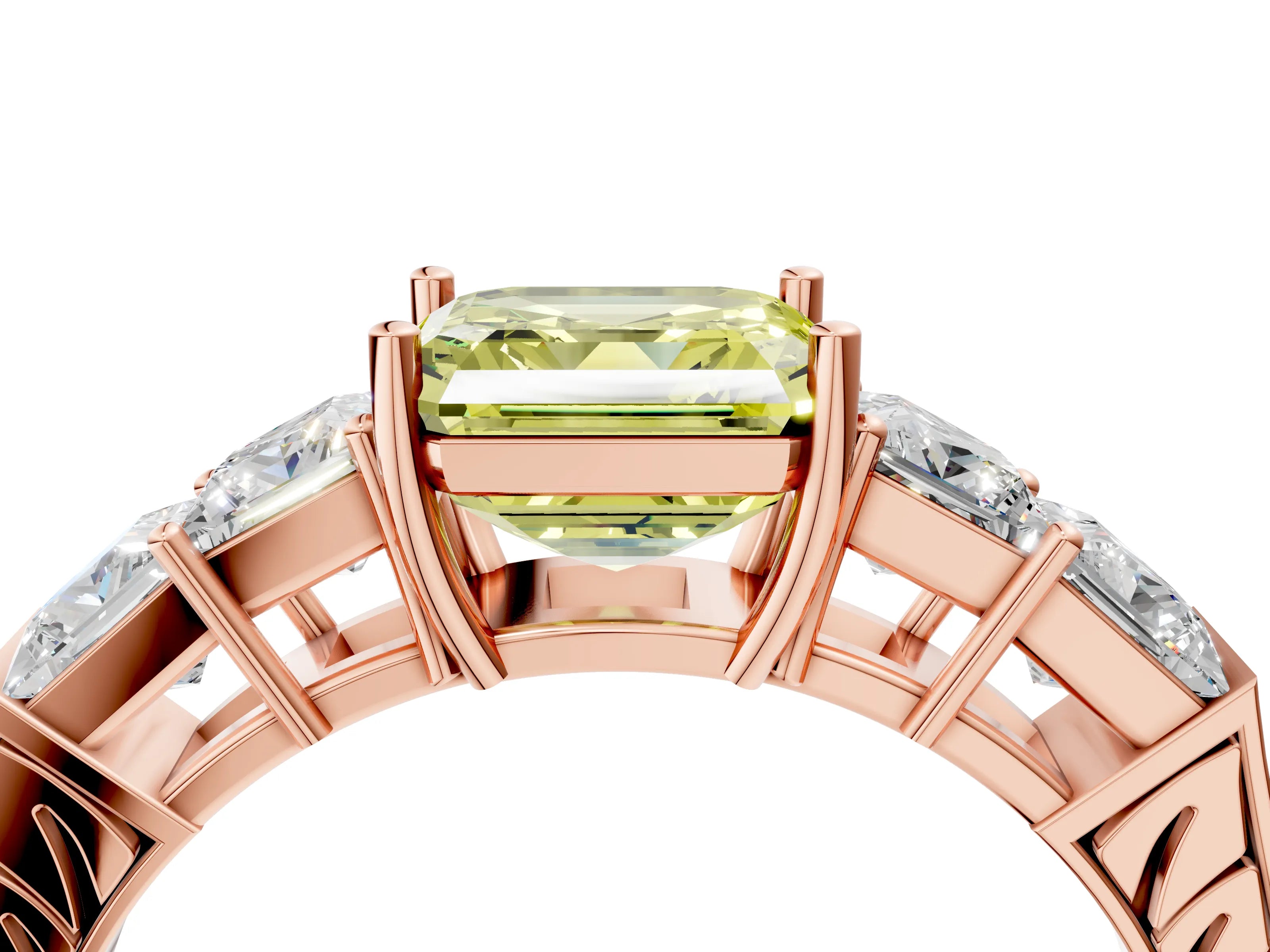 Rose gold Fancy Yellow Asscher Cut Solitaire Princess Side Stone Engraved Band Prong Setting Ring_4