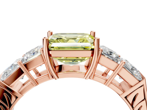 Rose gold Fancy Yellow Asscher Cut Solitaire Princess Side Stone Engraved Band Prong Setting Ring_4