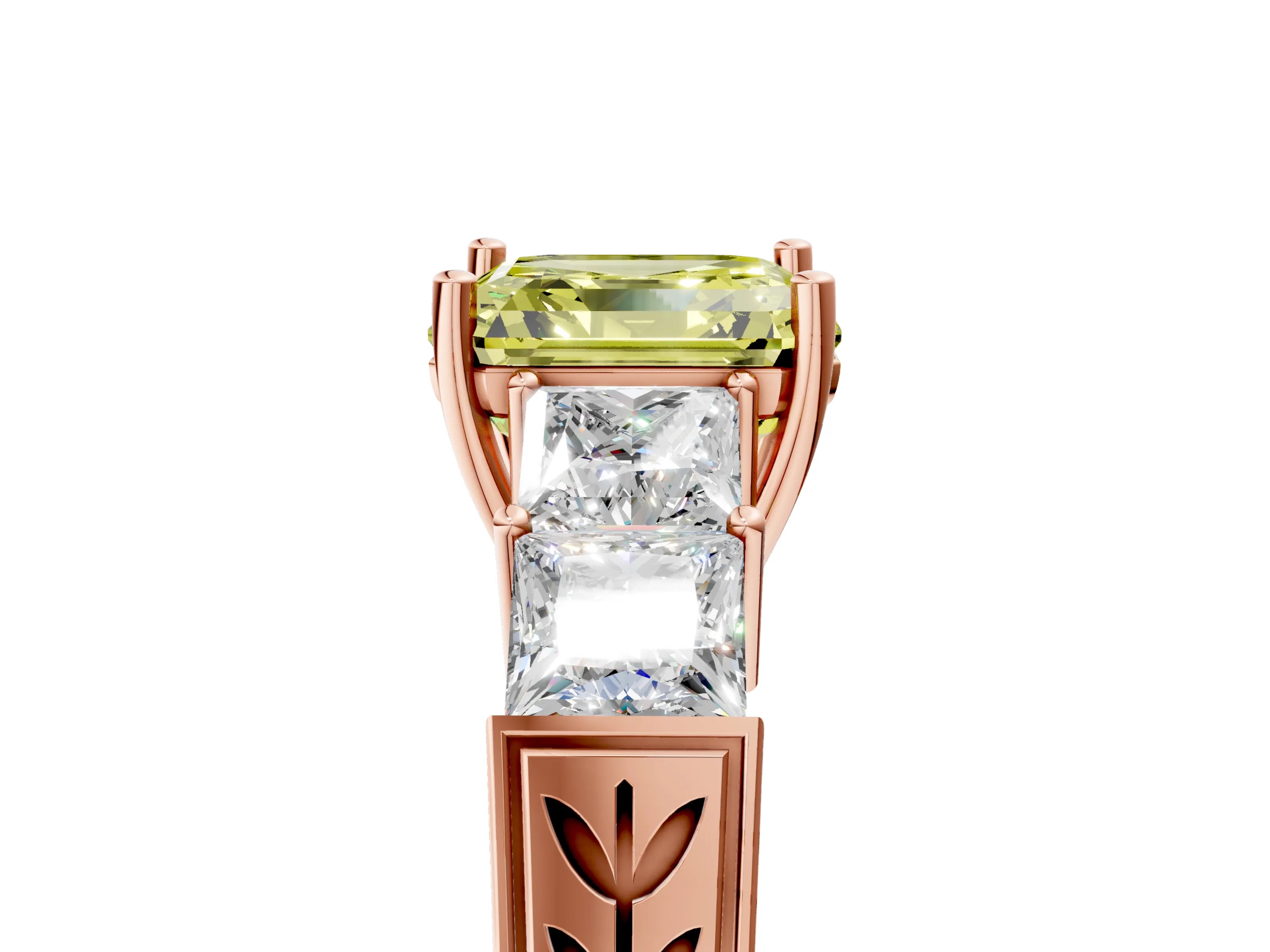 Rose gold Fancy Yellow Asscher Cut Solitaire Princess Side Stone Engraved Band Prong Setting Ring_5
