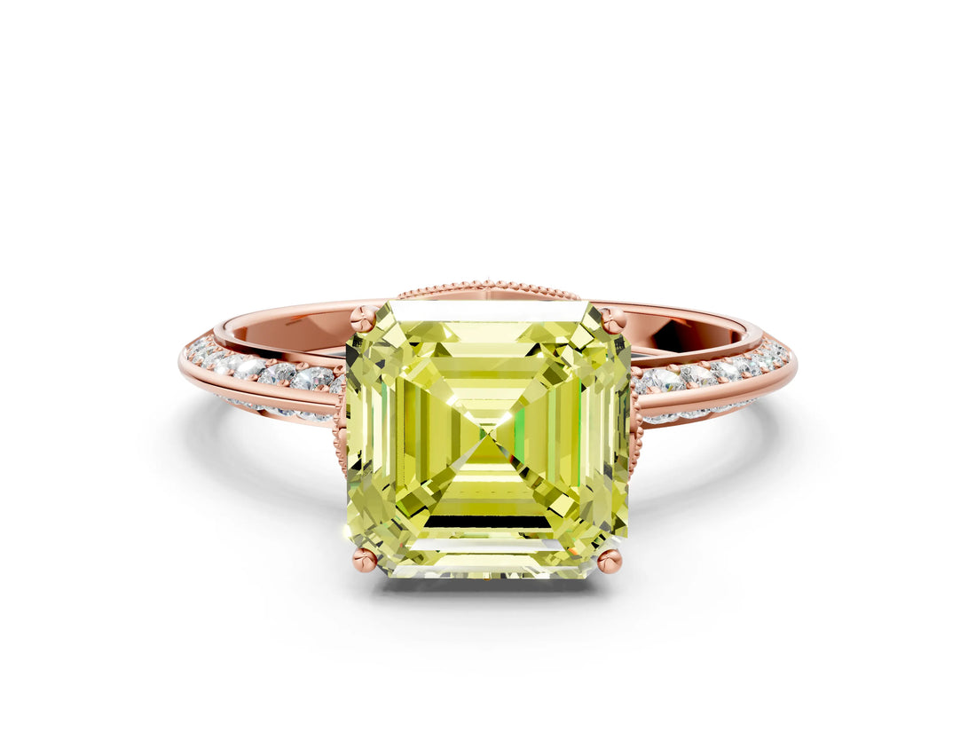 Rose gold Fancy Yellow Asscher Cut Solitaire Split Shank Pave Diamond Engagement Ring with Four-Prong Setting