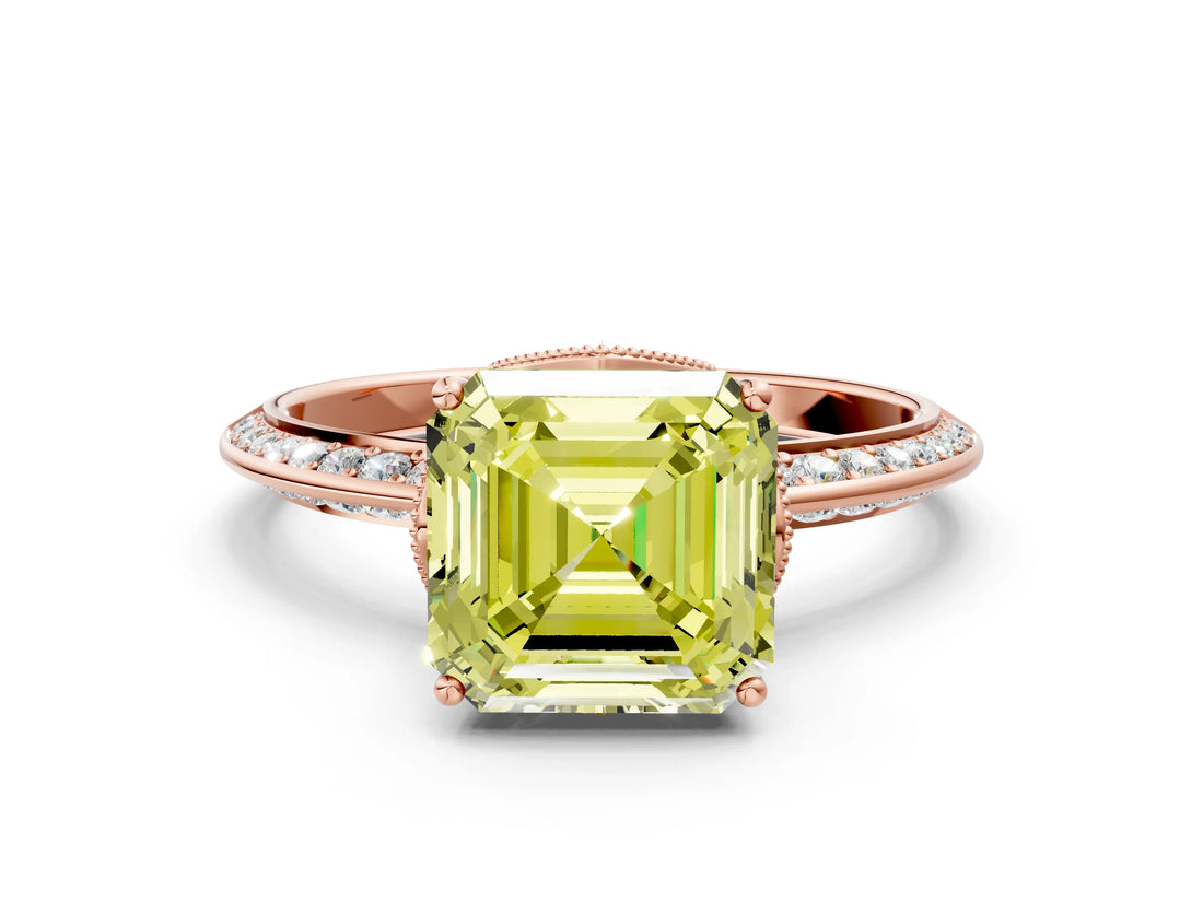 Rose gold Fancy Yellow Asscher Cut Solitaire Split Shank Pave Diamond Engagement Ring with Four-Prong Setting_24