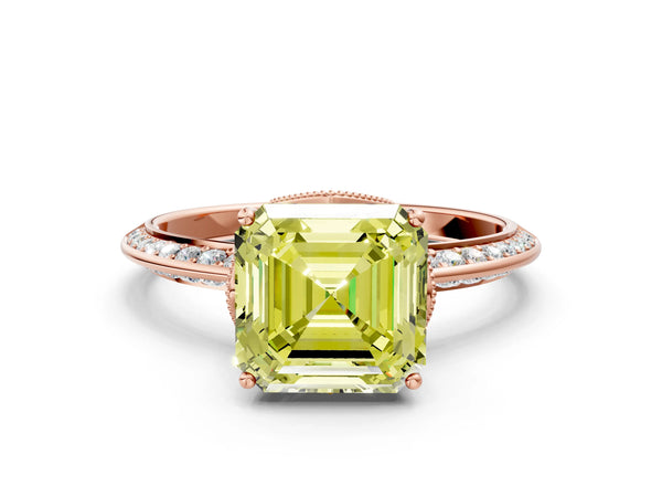 Rose Gold Asscher Cut Graduated Pave Engagement Ring Setting for Fancy Yellow Center