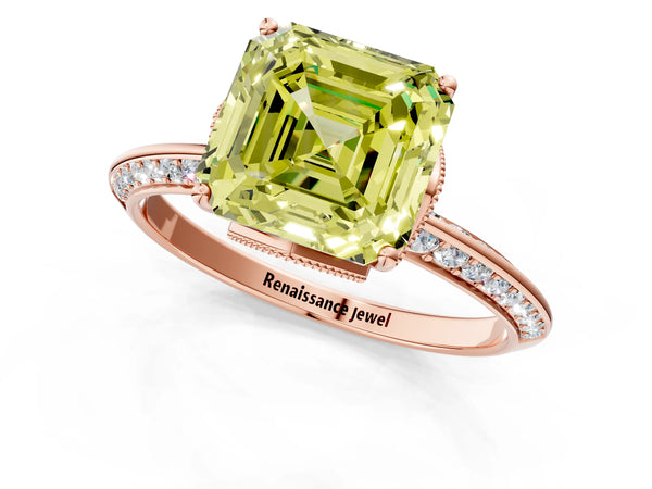 Rose Gold Asscher Cut Graduated Pave Engagement Ring Setting for Fancy Yellow Center