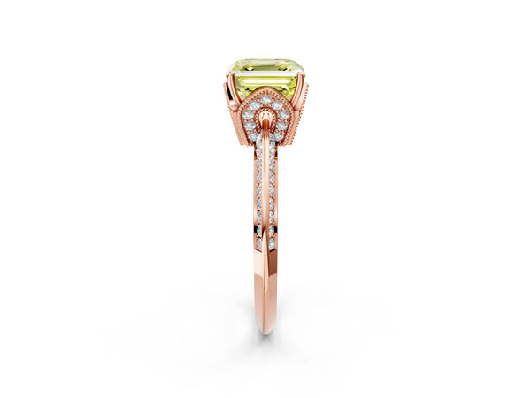 Rose Gold Asscher Cut Graduated Pave Engagement Ring Setting for Fancy Yellow Center