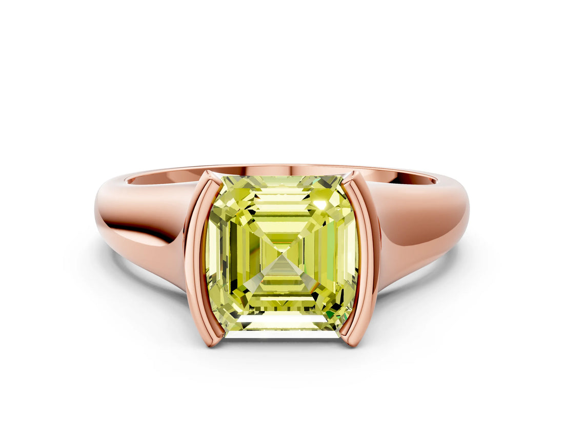 Rose gold Fancy Yellow Asscher Cut Solitaire Tension Set Diamond Ring with Split Shank Band