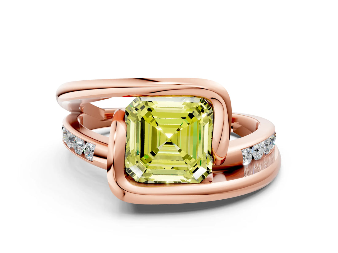 Rose gold Fancy Yellow Asscher Cut Solitaire Tension-Set Diamond Split Shank Ring_6