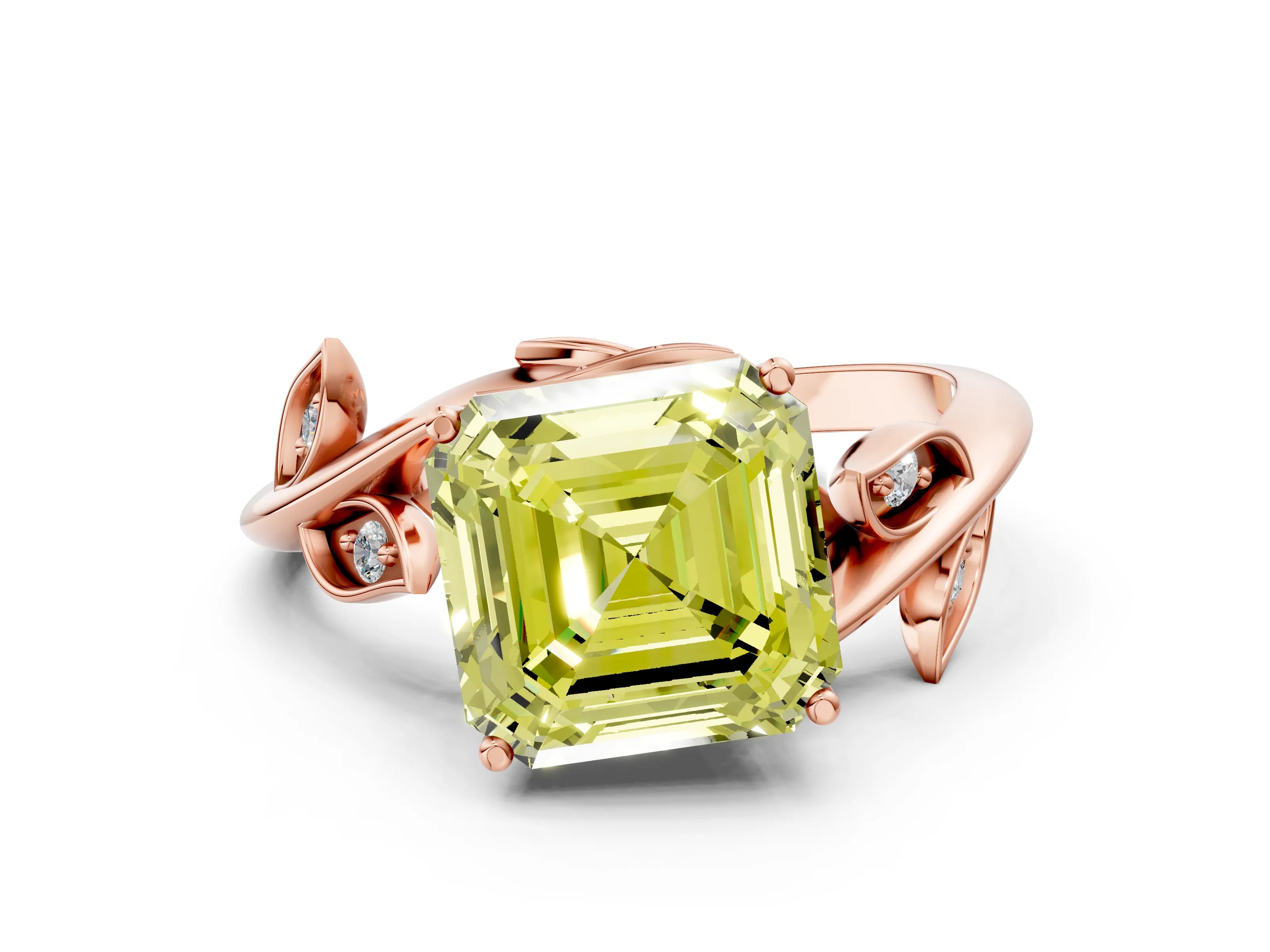 Rose gold Fancy Yellow Asscher Cut Solitaire Twist Engagement Ring with Leaf Accents and Prong Setting_12