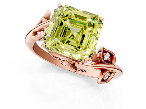 Rose gold Fancy Yellow Asscher Cut Solitaire Twist Engagement Ring with Leaf Accents and Prong Setting_13
