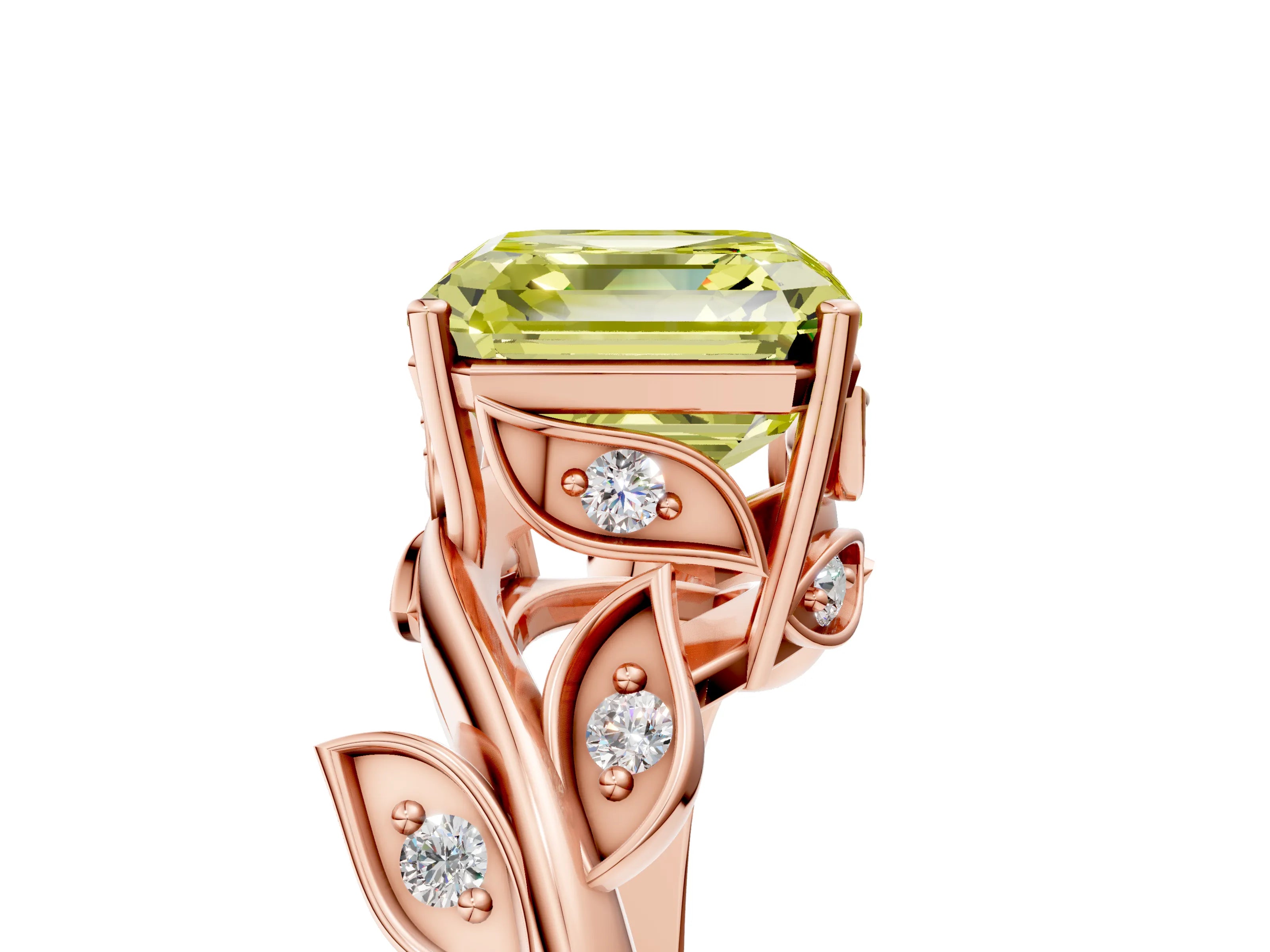 Rose gold Fancy Yellow Asscher Cut Solitaire Twist Engagement Ring with Leaf Accents and Prong Setting_17