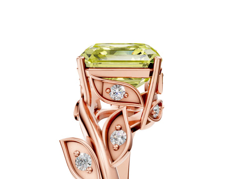 Rose gold Fancy Yellow Asscher Cut Solitaire Twist Engagement Ring with Leaf Accents and Prong Setting_17