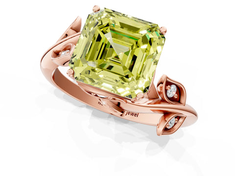 Rose gold Fancy Yellow Asscher Cut Solitaire Twist Engagement Ring with Leaf Accents and Prong Setting_1
