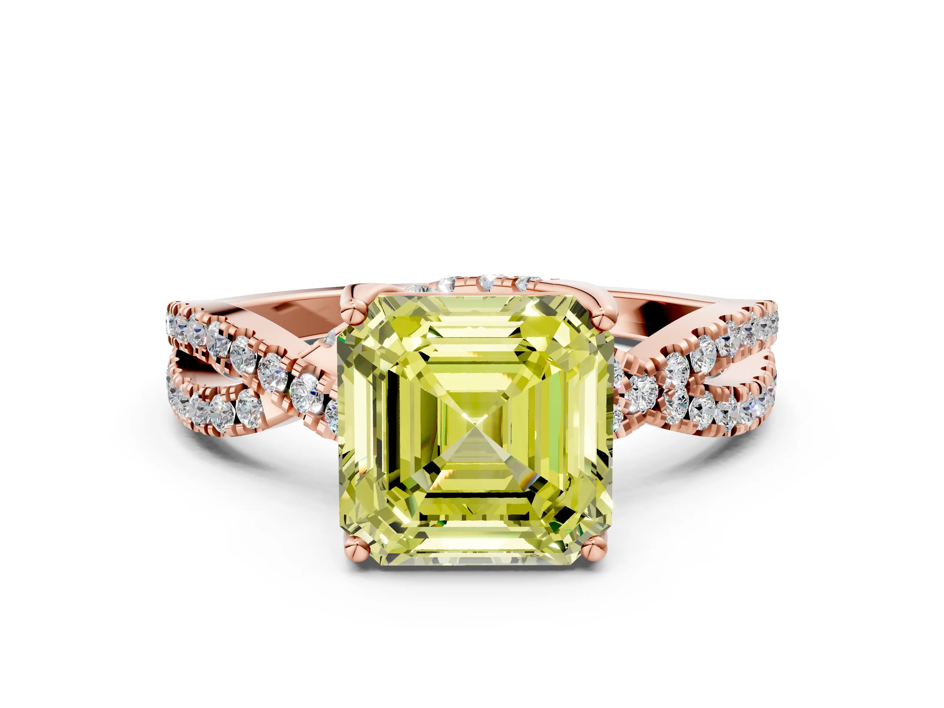 Rose gold Fancy Yellow Asscher Cut Solitaire Twist Pave Diamond Engagement Ring with Prong Setting