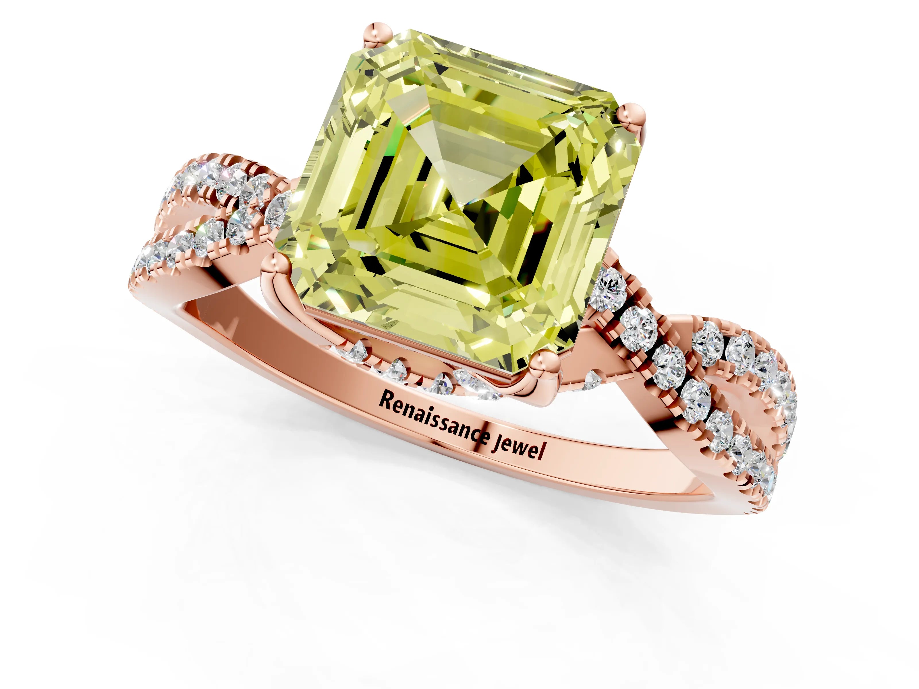 Rose gold Fancy Yellow Asscher Cut Solitaire Twist Pave Diamond Engagement Ring with Prong Setting_1