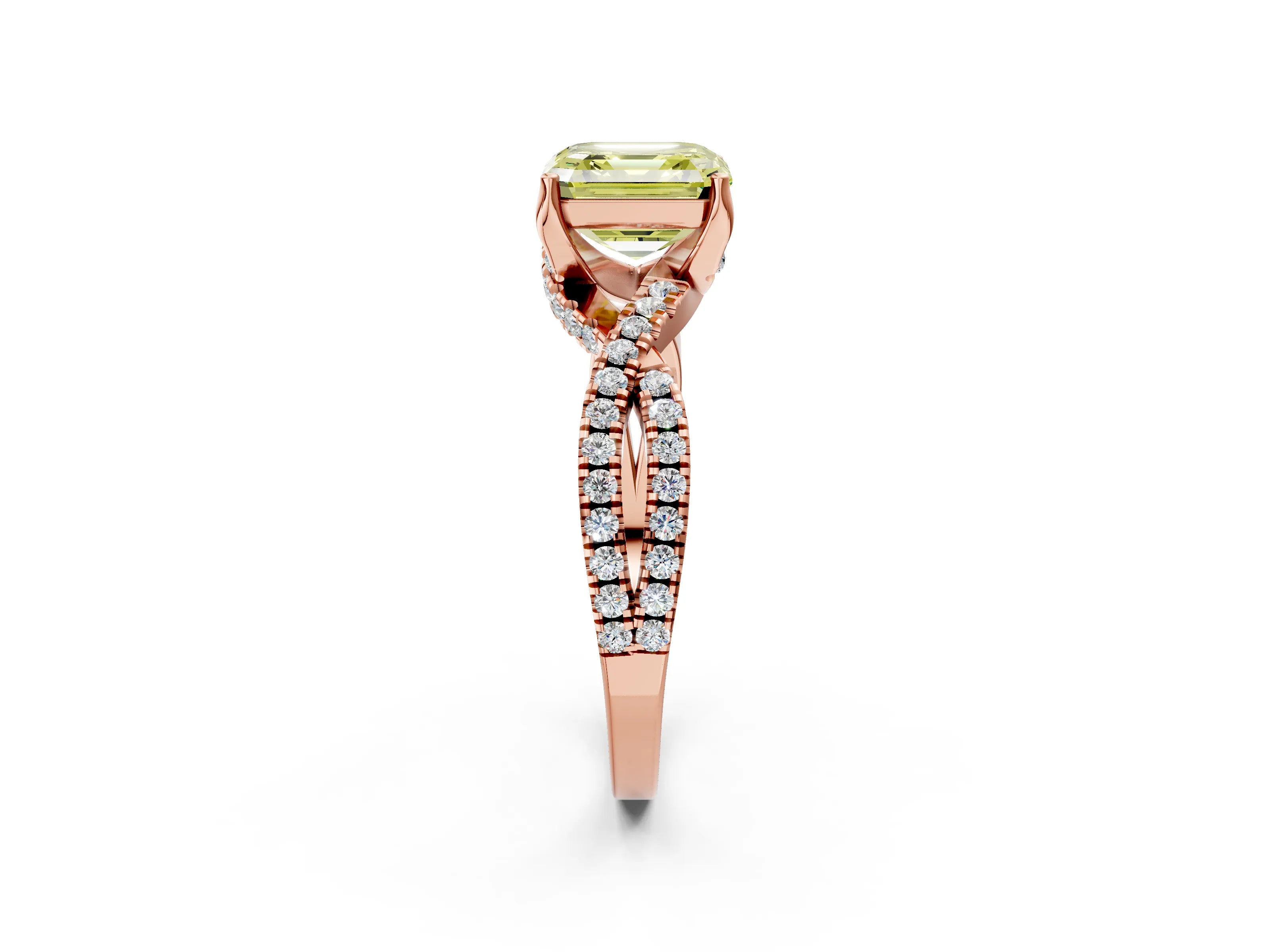 Rose gold Fancy Yellow Asscher Cut Solitaire Twist Pave Diamond Engagement Ring with Prong Setting_2