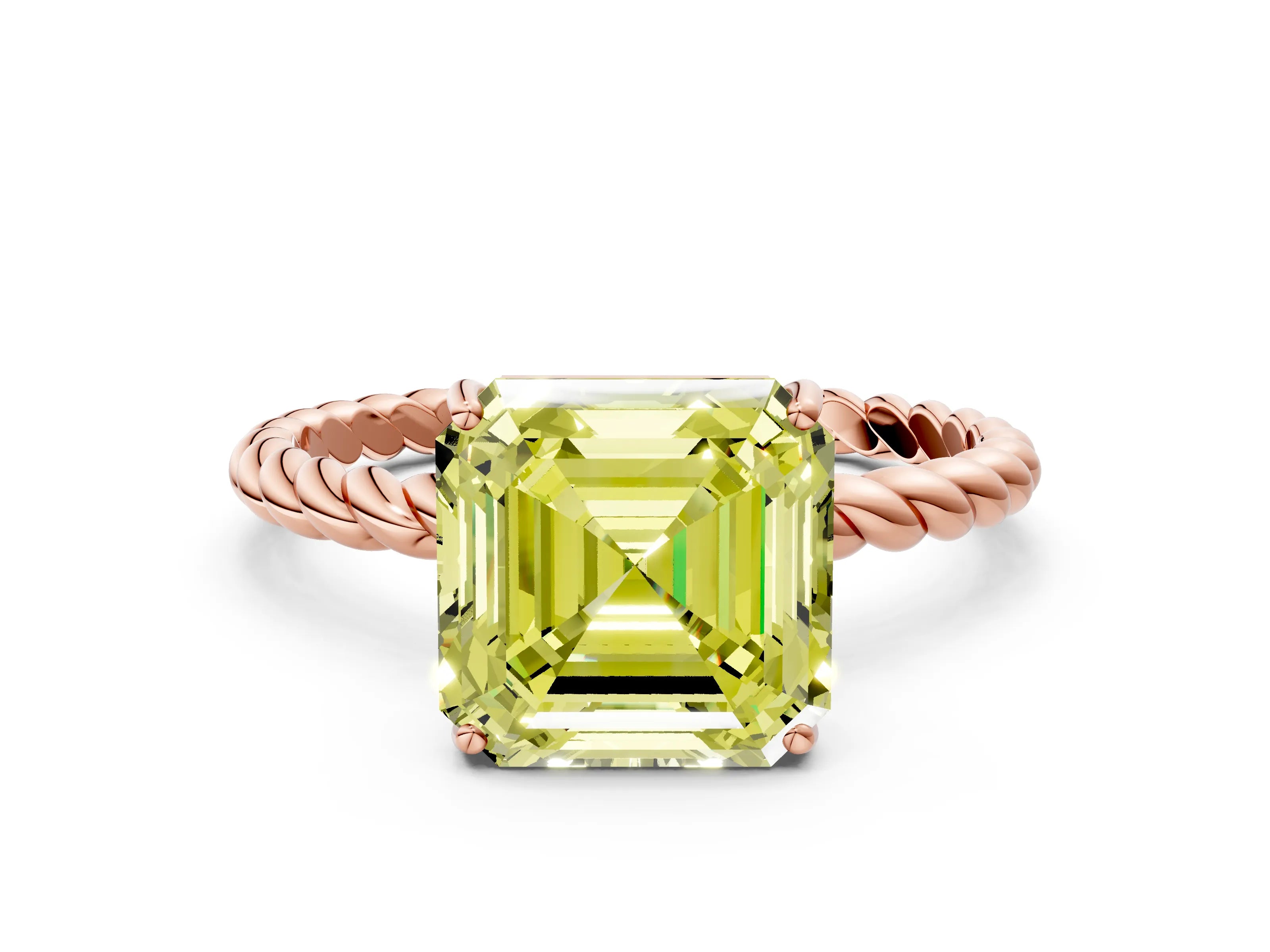 Rose gold Fancy Yellow Asscher Cut Solitaire Twisted Band 4-Prong Ring
