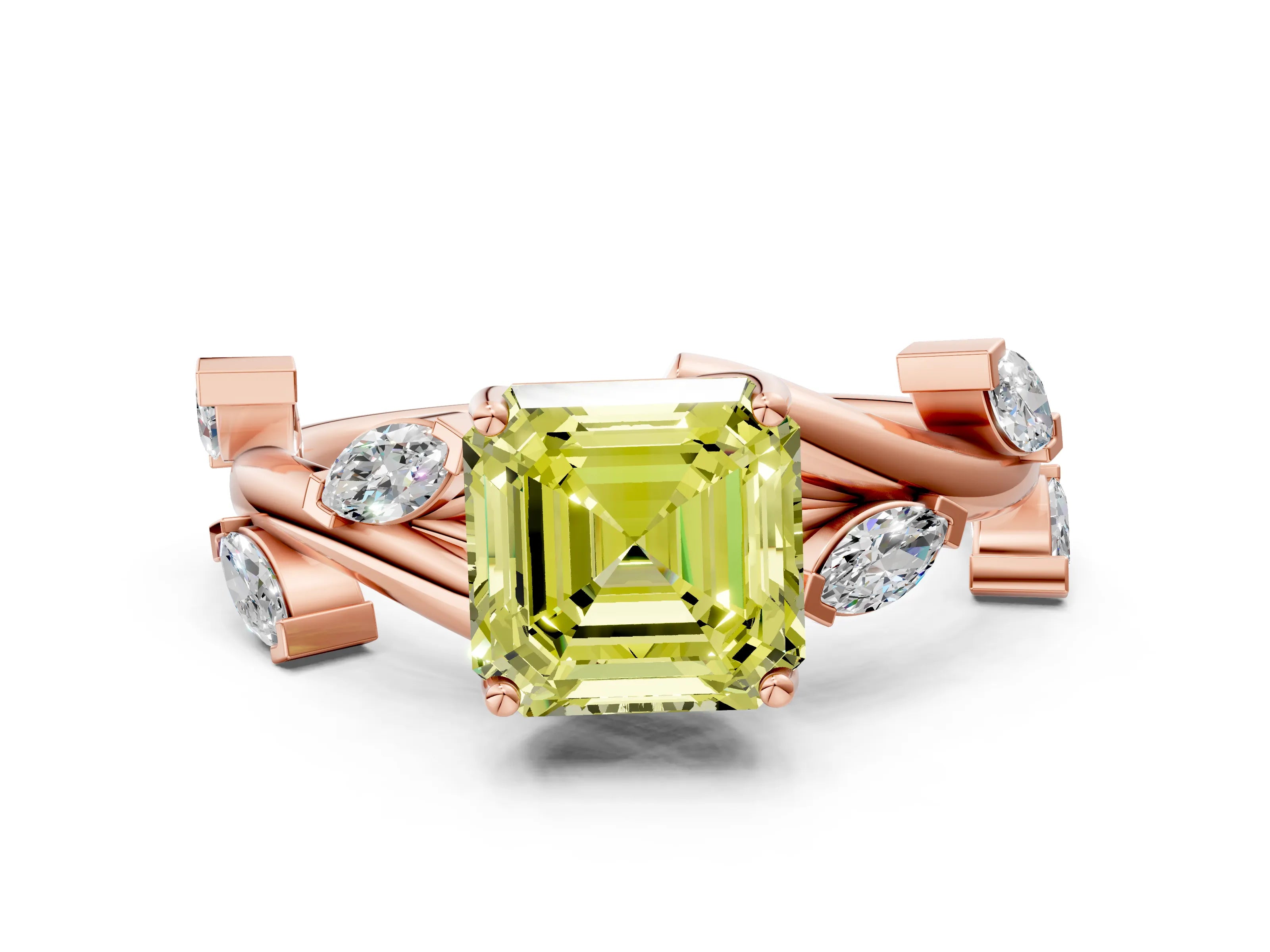 Rose gold Fancy Yellow Asscher Cut Solitaire Twisted Band Marquise Accent Prong Setting Ring