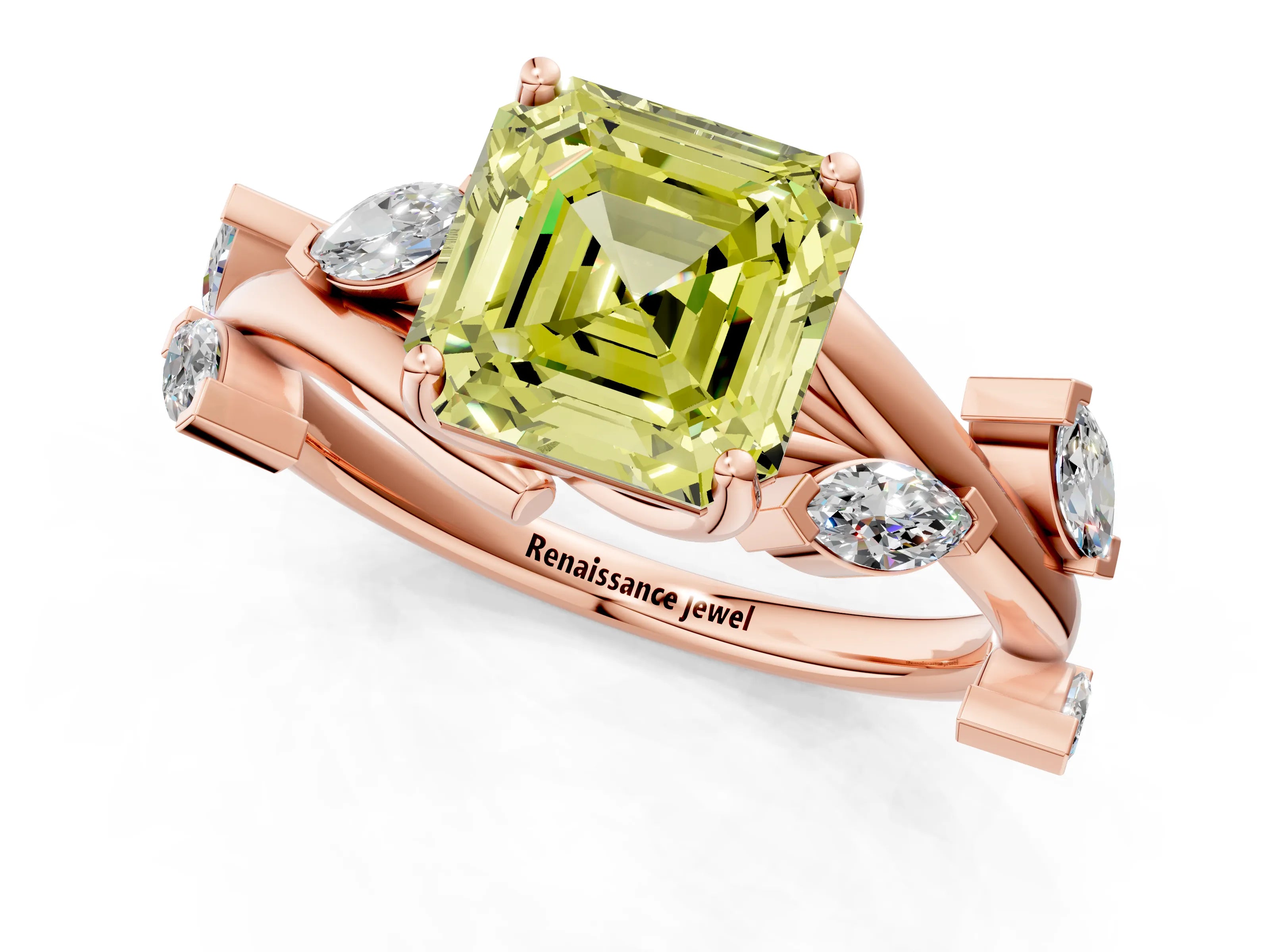 Rose gold Fancy Yellow Asscher Cut Solitaire Twisted Band Marquise Accent Prong Setting Ring_1