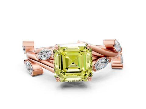 Rose gold Fancy Yellow Asscher Cut Solitaire Twisted Band Marquise Accent Prong Setting Ring