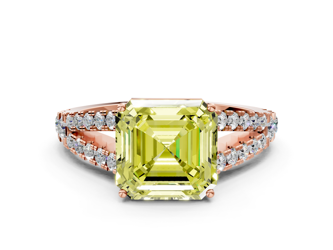 Rose gold Fancy Yellow Asscher  Cut Split Shank Pave Diamond Engagement Ring with Four-Prong Setting