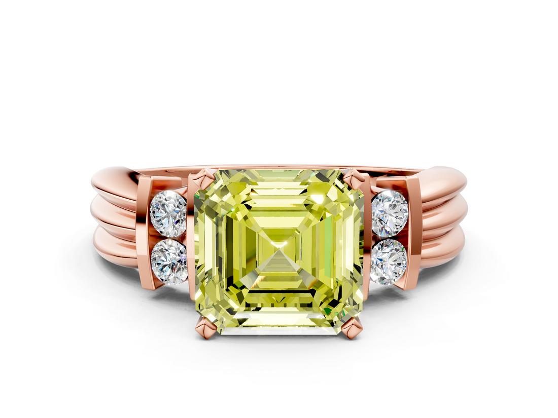 Rose gold Fancy Yellow Asscher  Cut Three-Stone Channel Set Ring with Bar Prongs