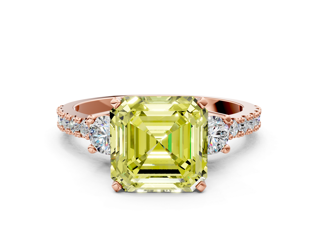 Rose gold Fancy Yellow Asscher  Cut Three-Stone Diamond Pavé Band with Prong Setting_17