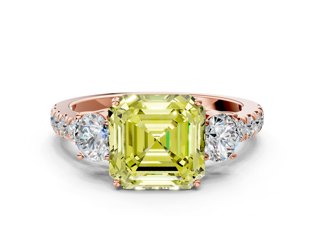 Rose gold Fancy Yellow Asscher  Cut Three-Stone Diamond Pave Band with Prong Setting_51