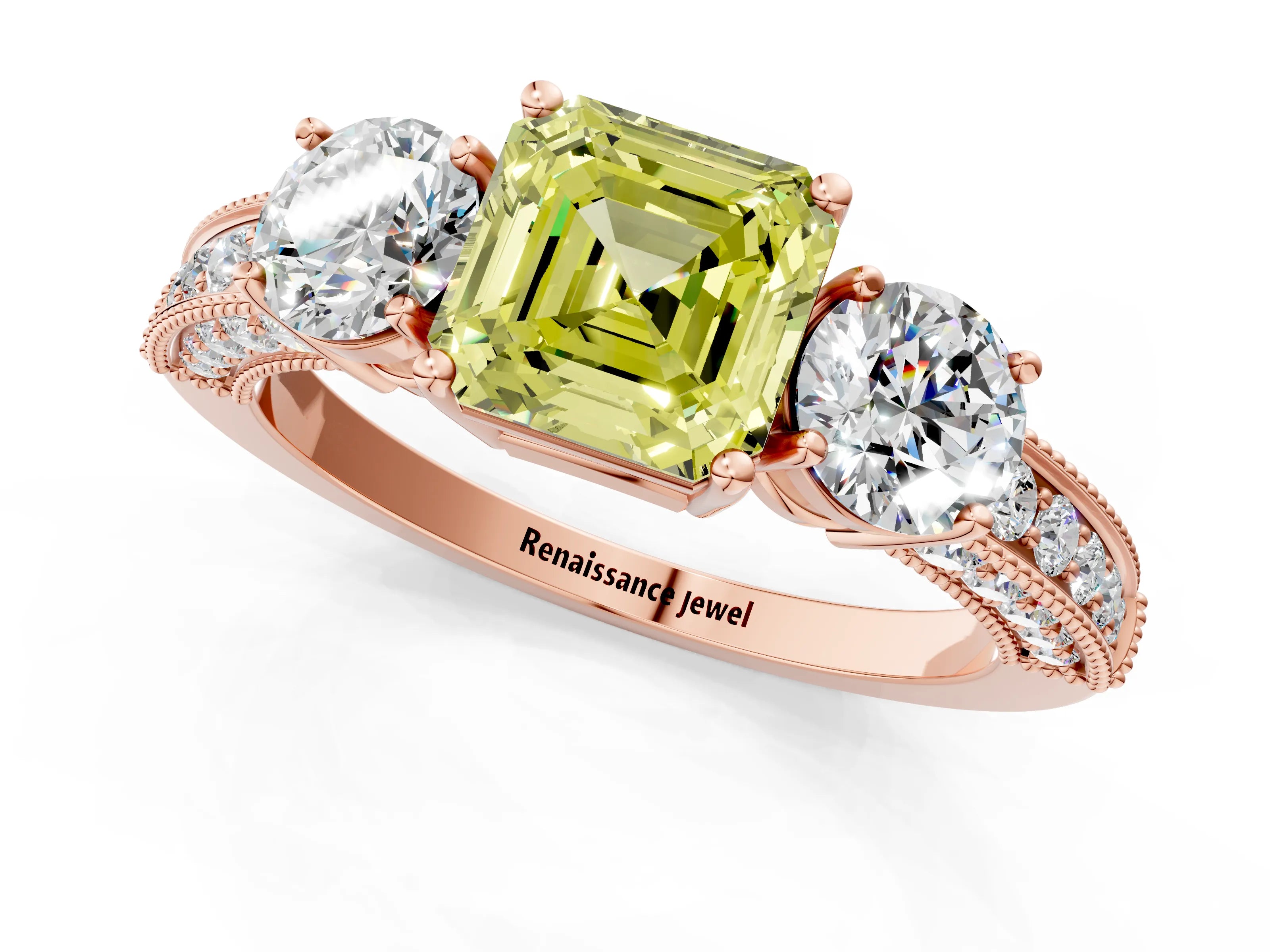 Rose gold Fancy Yellow Asscher Cut Three-Stone Diamond Ring with Pavé Band and Four-Prong Setting_1