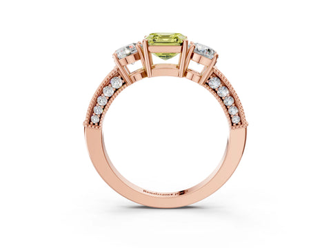 Rose gold Fancy Yellow Asscher Cut Three-Stone Diamond Ring with Pavé Band and Four-Prong Setting_3