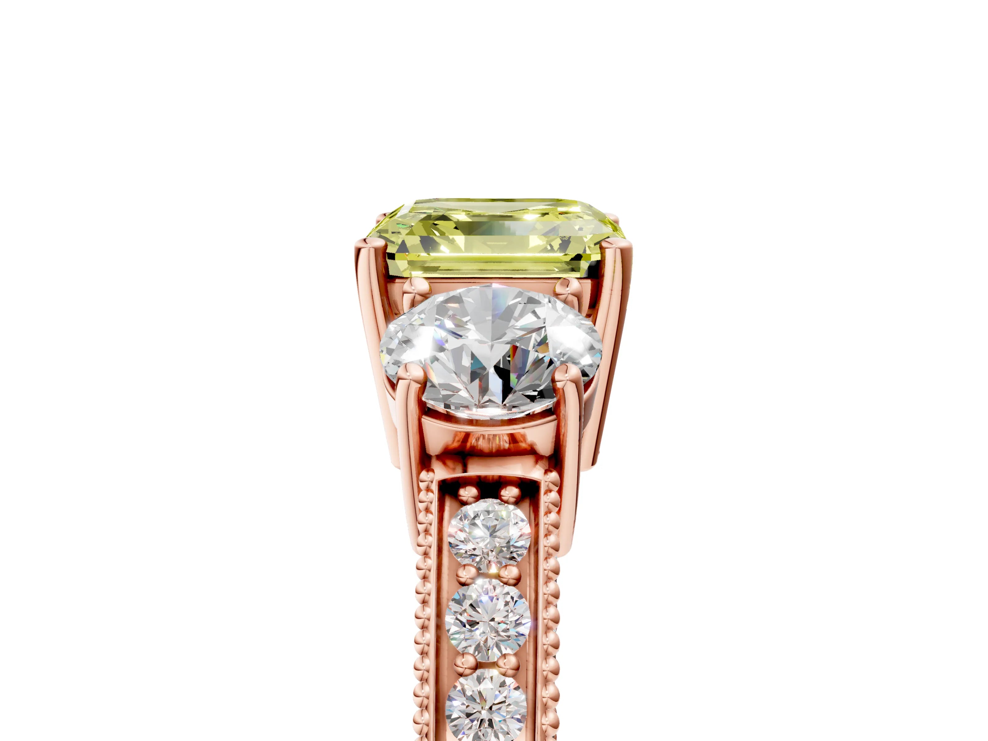 Rose gold Fancy Yellow Asscher Cut Three-Stone Diamond Ring with Pavé Band and Four-Prong Setting_5
