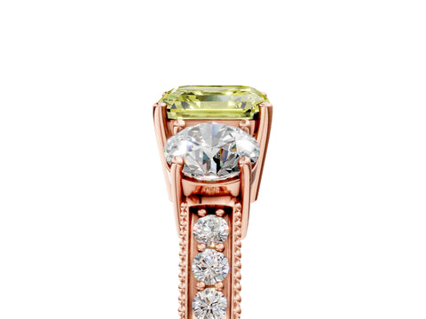 Rose gold Fancy Yellow Asscher Cut Three-Stone Diamond Ring with Pavé Band and Four-Prong Setting_5