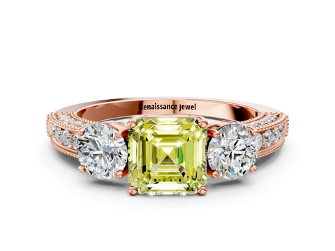 Rose gold Fancy Yellow Asscher Cut Three-Stone Diamond Ring with Pavé Band and Four-Prong Setting