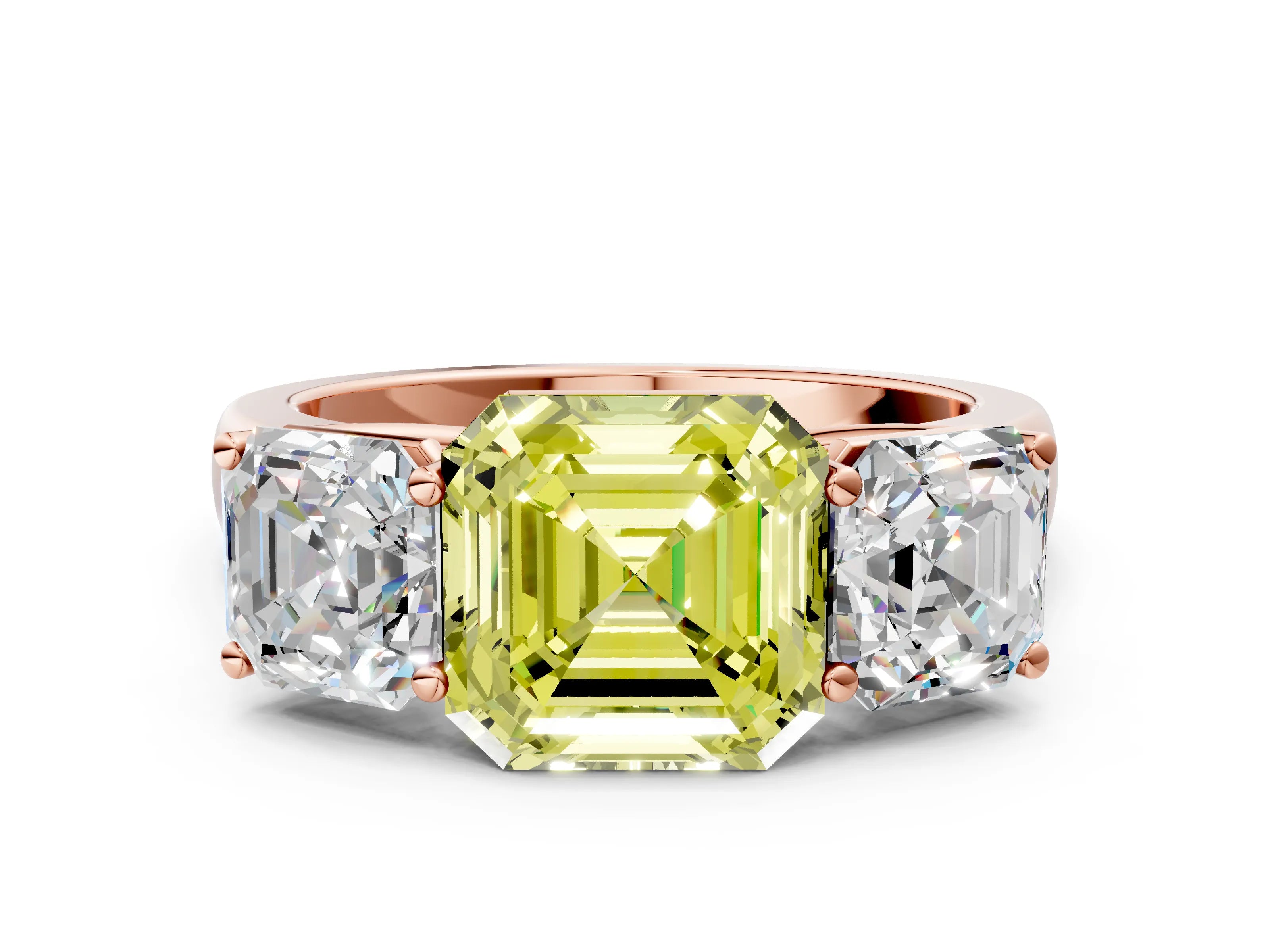Rose gold Fancy Yellow Asscher Cut Three-Stone Diamond Ring with Prong Setting on a Classic Band