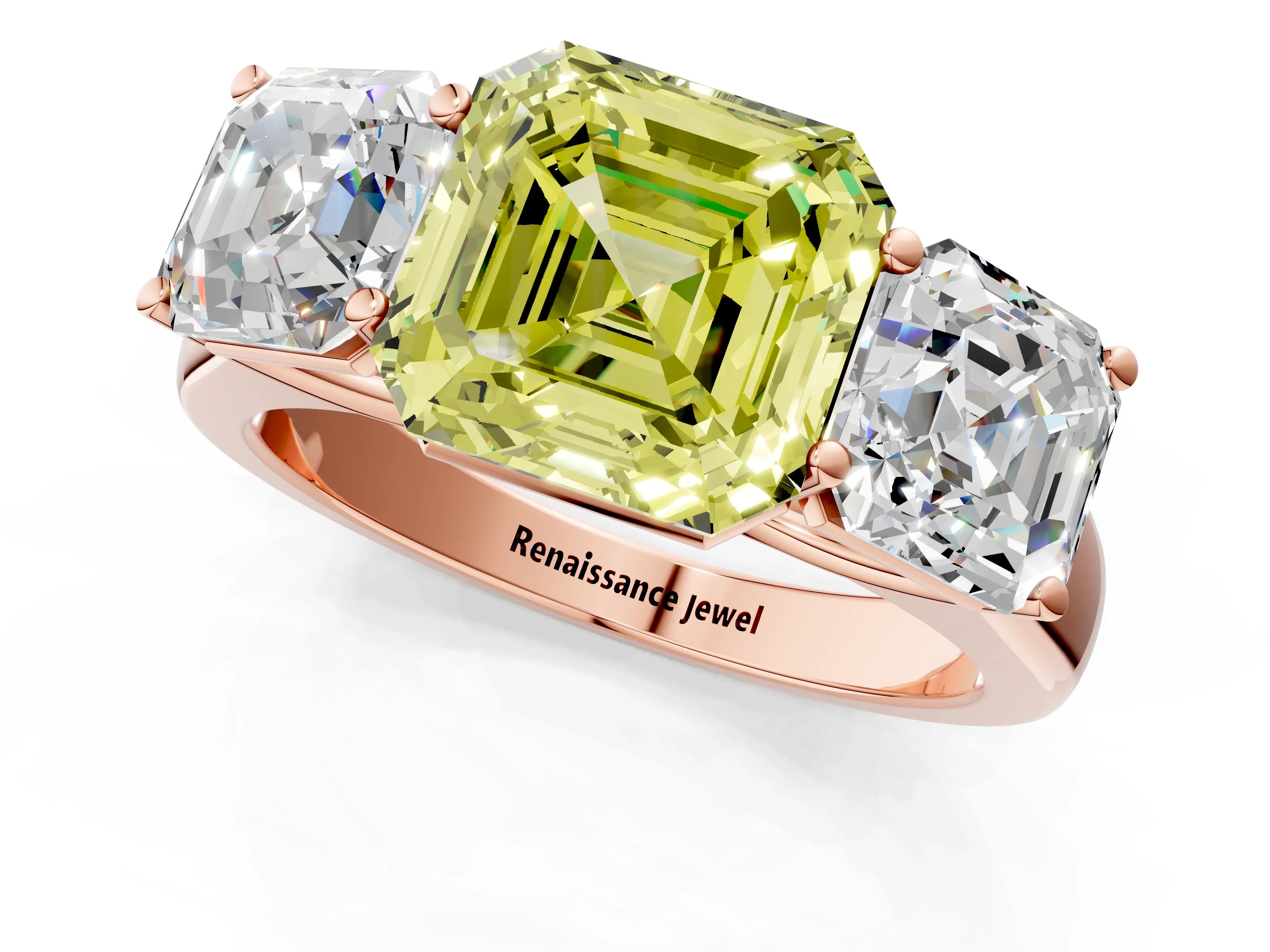 Rose gold Fancy Yellow Asscher Cut Three-Stone Diamond Ring with Prong Setting on a Classic Band_1