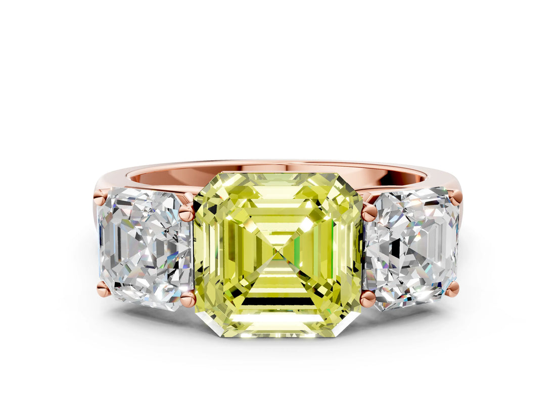 Rose gold Fancy Yellow Asscher Cut Three-Stone Diamond Ring with Prong Setting on a Classic Band_12