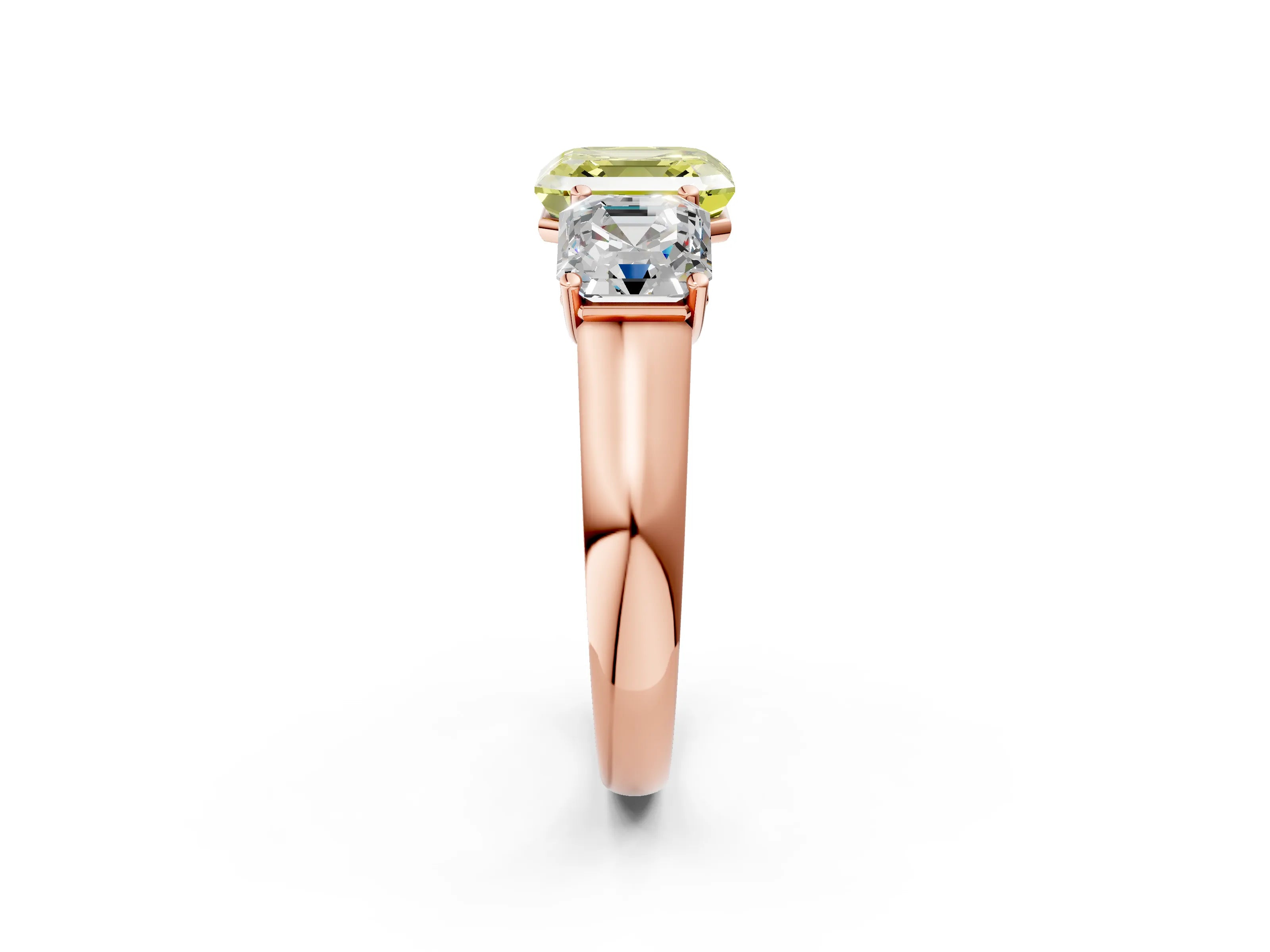 Rose gold Fancy Yellow Asscher Cut Three-Stone Diamond Ring with Prong Setting on a Classic Band_2
