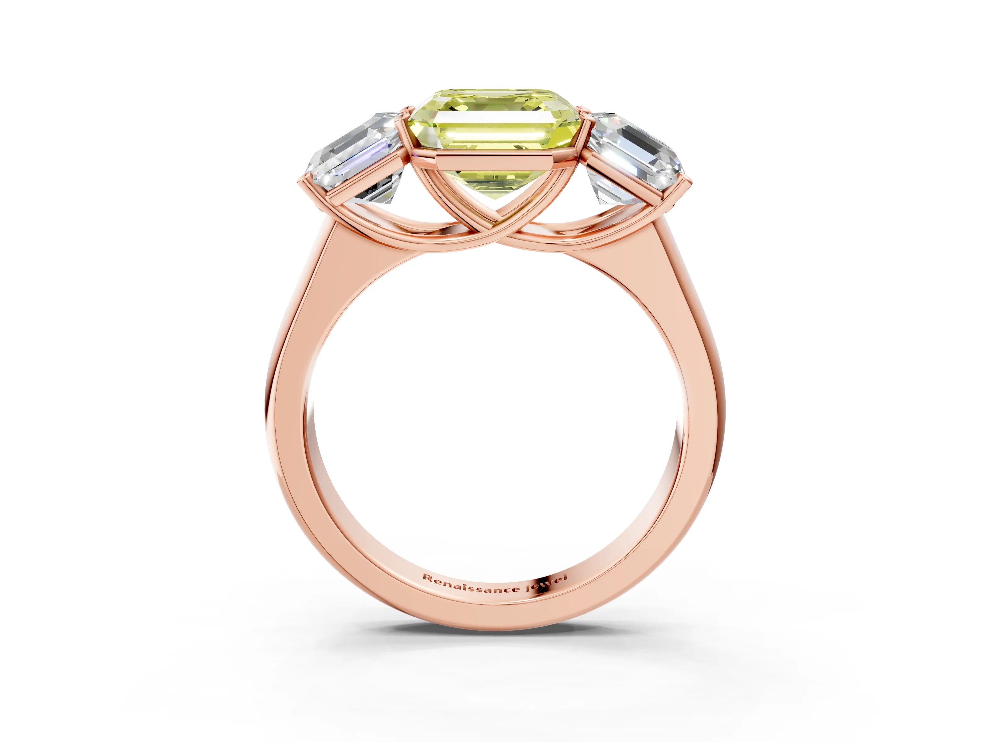 Rose gold Fancy Yellow Asscher Cut Three-Stone Diamond Ring with Prong Setting on a Classic Band_3