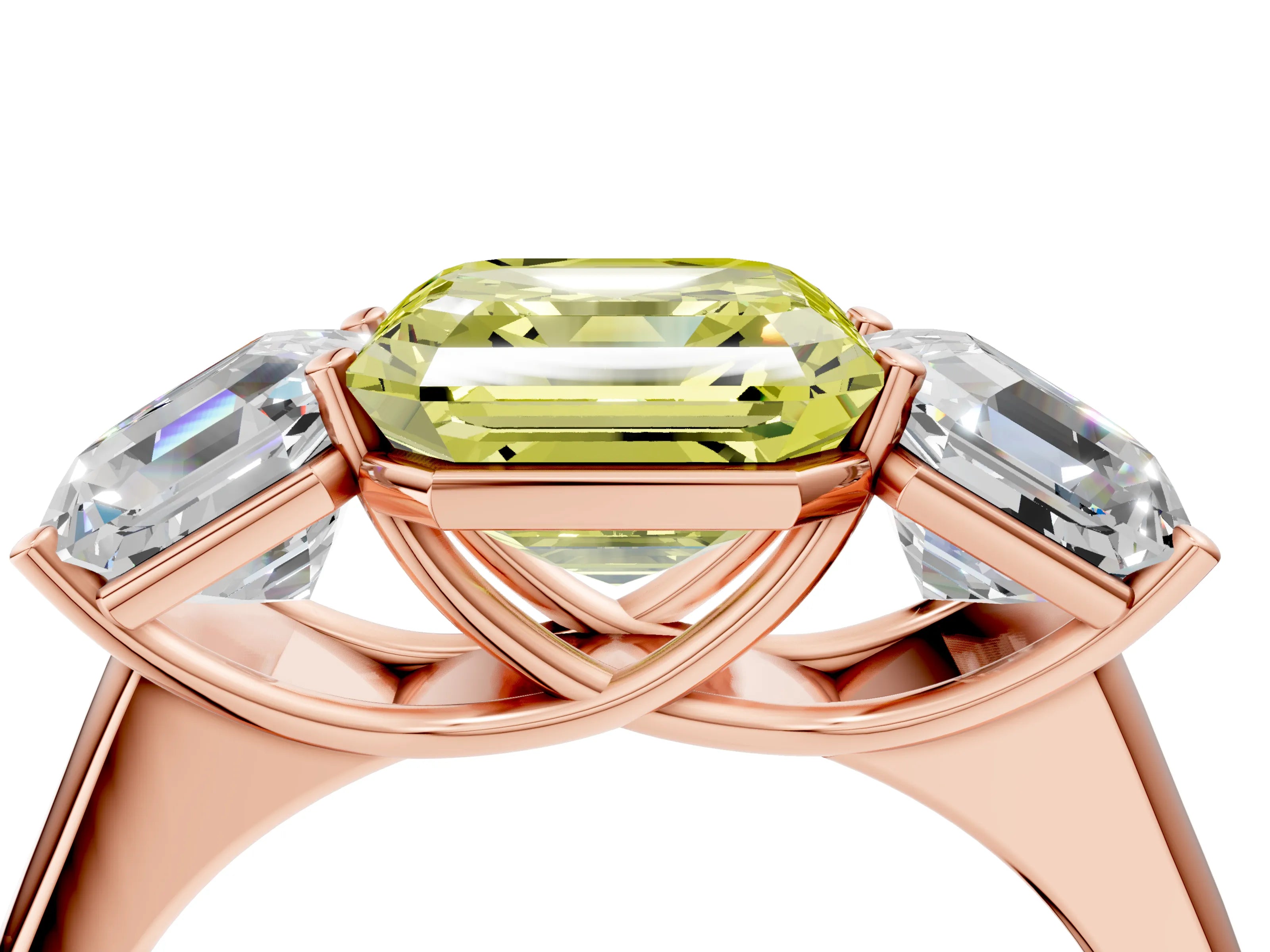 Rose gold Fancy Yellow Asscher Cut Three-Stone Diamond Ring with Prong Setting on a Classic Band_4