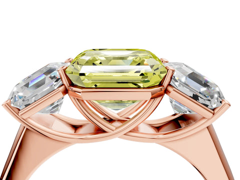 Rose gold Fancy Yellow Asscher Cut Three-Stone Diamond Ring with Prong Setting on a Classic Band_4