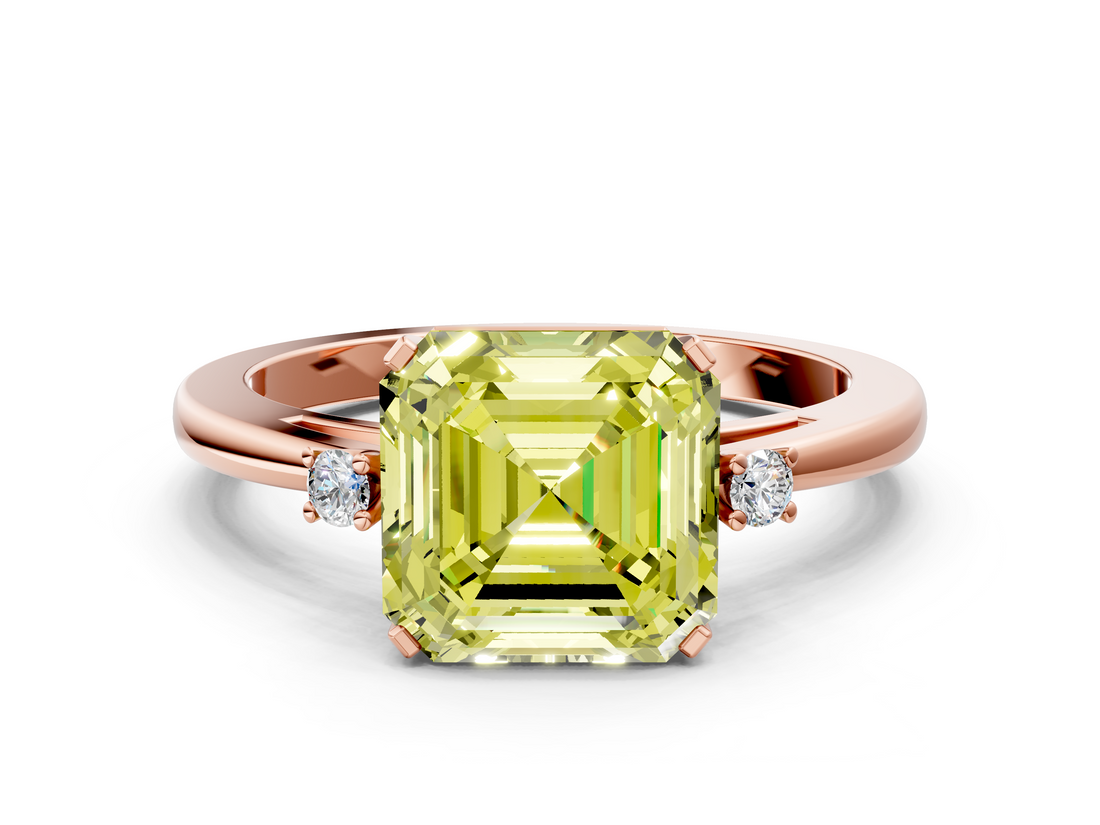Rose gold Fancy Yellow Asscher  Cut Three-Stone Solitaire Ring with Round Accent Diamonds and Four-Prong Setting_36