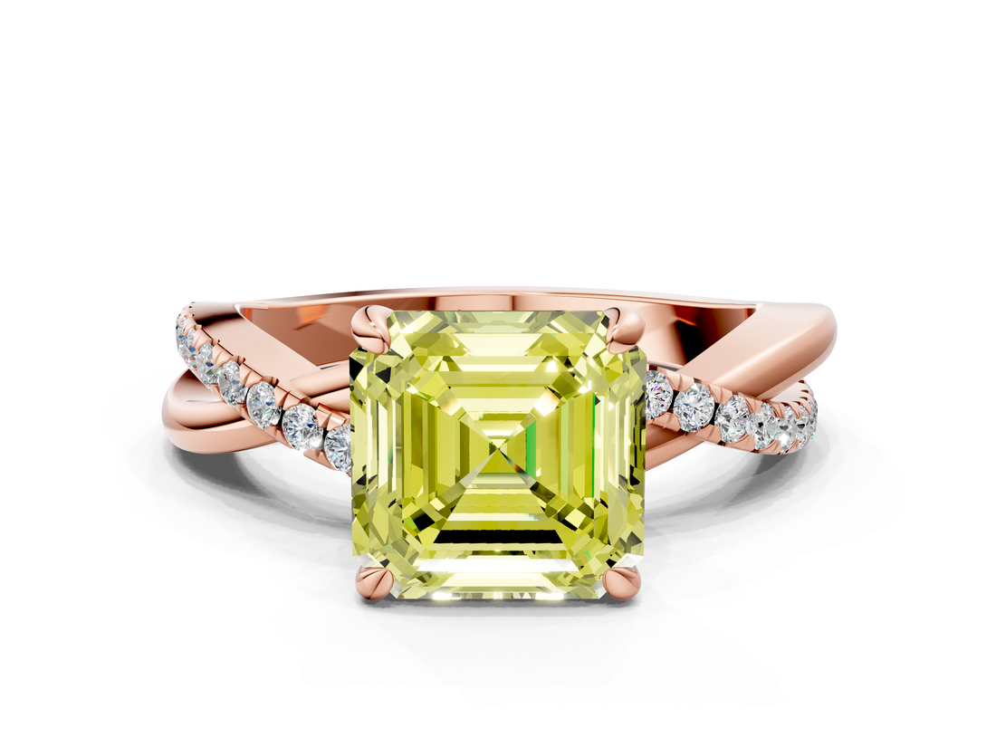Rose gold Fancy Yellow Asscher  Cut Twist Band Solitaire Diamond Ring with Pavé Setting_3