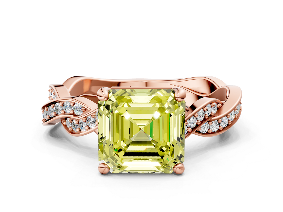 Rose gold Fancy Yellow Asscher  Cut Twisted Pavé Band Solitaire Ring with Four-Prong Setting
