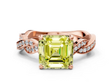 Rose gold Fancy Yellow Asscher  Cut Twisted Pavé Band Solitaire Ring with Four-Prong Setting