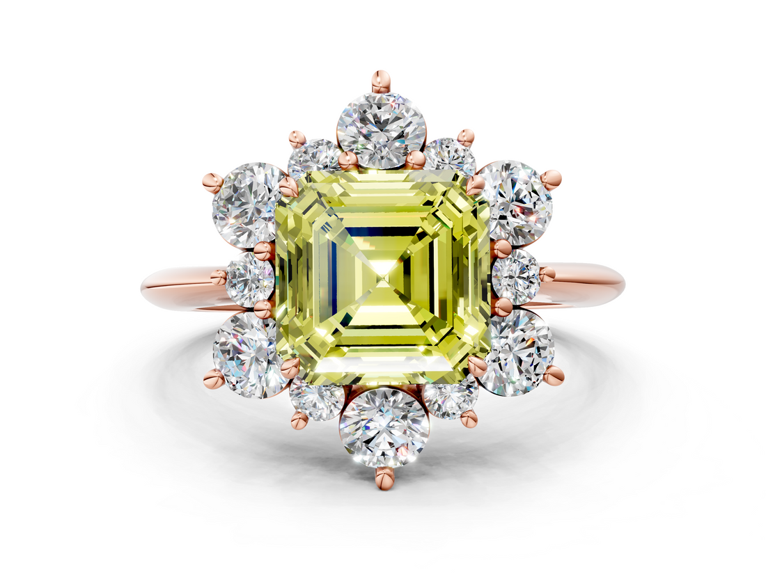 Rose gold Fancy Yellow Asscher  Diamond Cluster Halo Ring with Solitaire Band and Four-Prong Setting