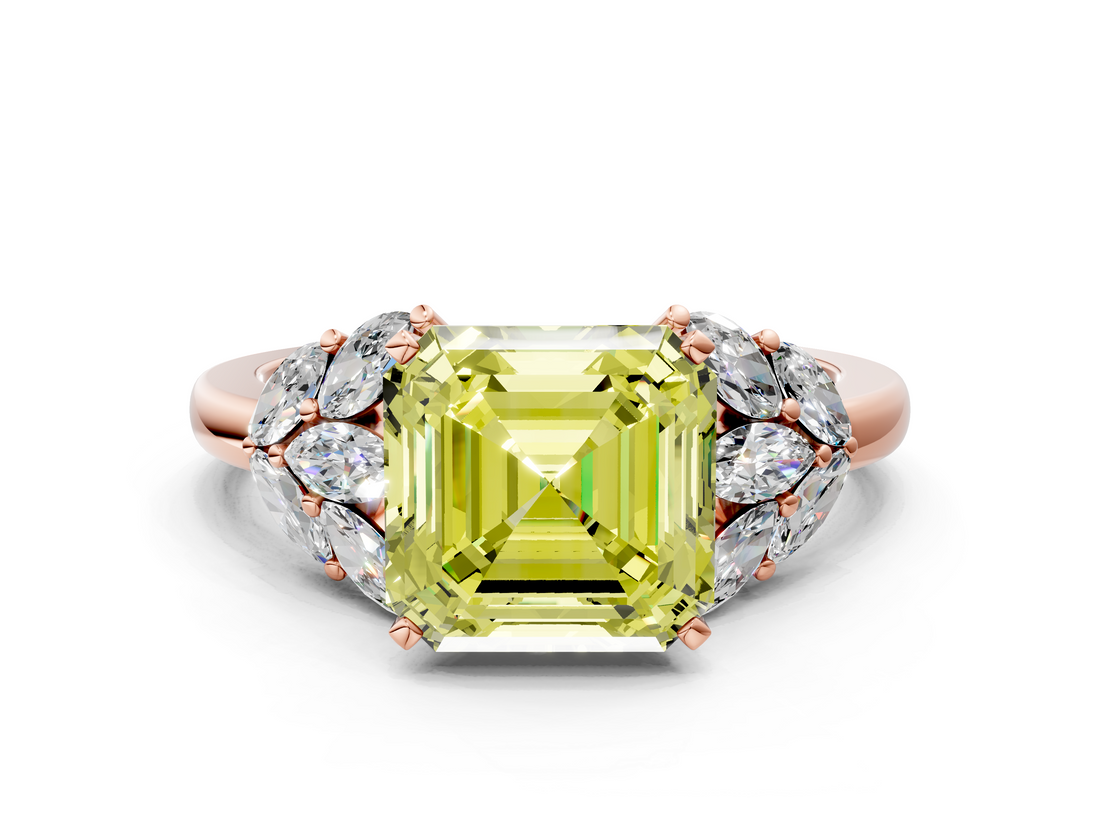 Rose gold Fancy Yellow Asscher  Diamond Cluster Leaf Design Ring with Prong Setting