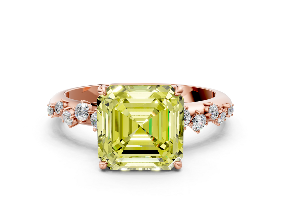 Rose gold Fancy Yellow Asscher  Diamond Cluster Prong-Set Solitaire Ring