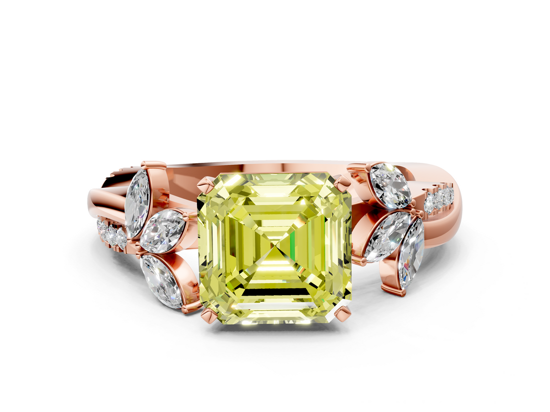 Rose gold Fancy Yellow Asscher  Diamond Floral Vine Solitaire Engagement Ring