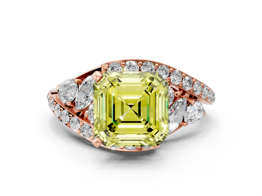 Rose gold Fancy Yellow Asscher  Diamond Halo Ring with Marquise and Pavé Band in Prong Setting_16