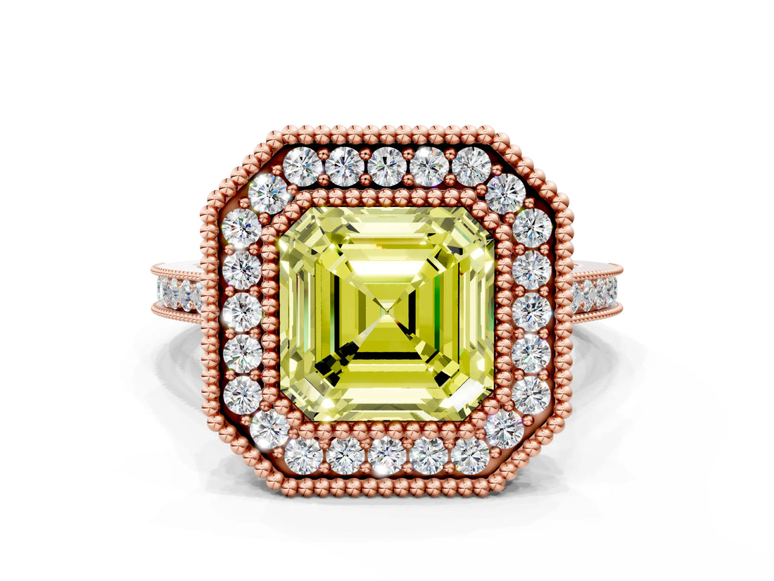 Rose gold Fancy Yellow Asscher  Diamond Halo Ring with Milgrain Frame and Pavé Band_94