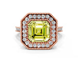 Rose gold Fancy Yellow Asscher  Diamond Halo Ring with Milgrain Frame and Pavé Band_94